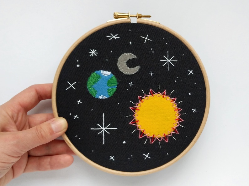 Earth Space #9 embroidery hoop art with the Sun moon and stars