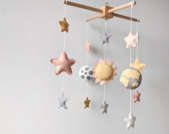 Pastel Space Baby Mobile: Felt Sun, Moon, Stars Nursery Decor