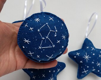 Embroidered Felt Christmas Ornaments, Blue Stars, Orion Constellation, Set of 4
