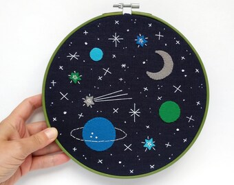 Space #27 embroidery hoop art with planets and a shooting star