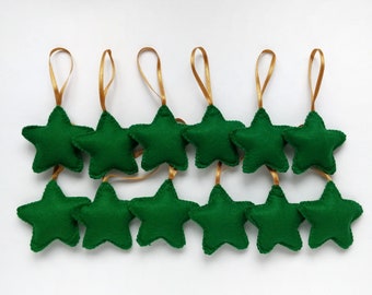 Green felt star ornaments, Christmas tree ornaments, set of 12, holiday decoration