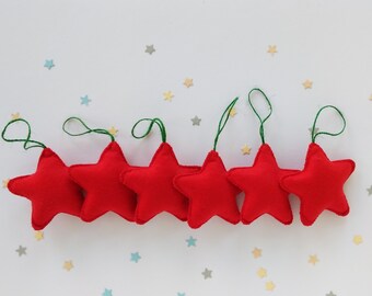 Red Felt Star Ornaments, Handmade Christmas Decoration, Set of 6