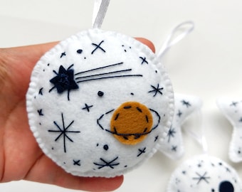Embroidered white felt ornament set with planets and stars, Christmas tree ornaments