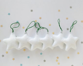 Handmade White Felt Star Ornaments, Holiday Decor, Set of 6
