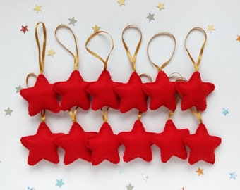 Red Felt Star Ornaments, Golden Ribbon, Set of 12