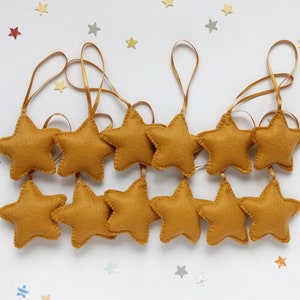 Golden felt star ornaments with golden ribbon, Christmas tree ornaments, set of 12, party favors