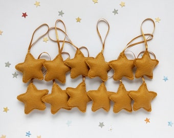 Golden felt star ornaments with golden ribbon, Christmas tree ornaments, set of 12, party favors