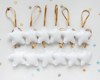 White Felt Star Ornaments with Golden Ribbon, Set of 12