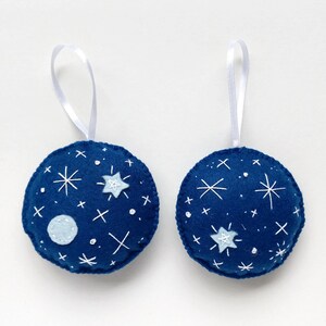 Embroidered blue felt ornament set with planet and stars, Christmas tree ornaments, holiday decoration image 2