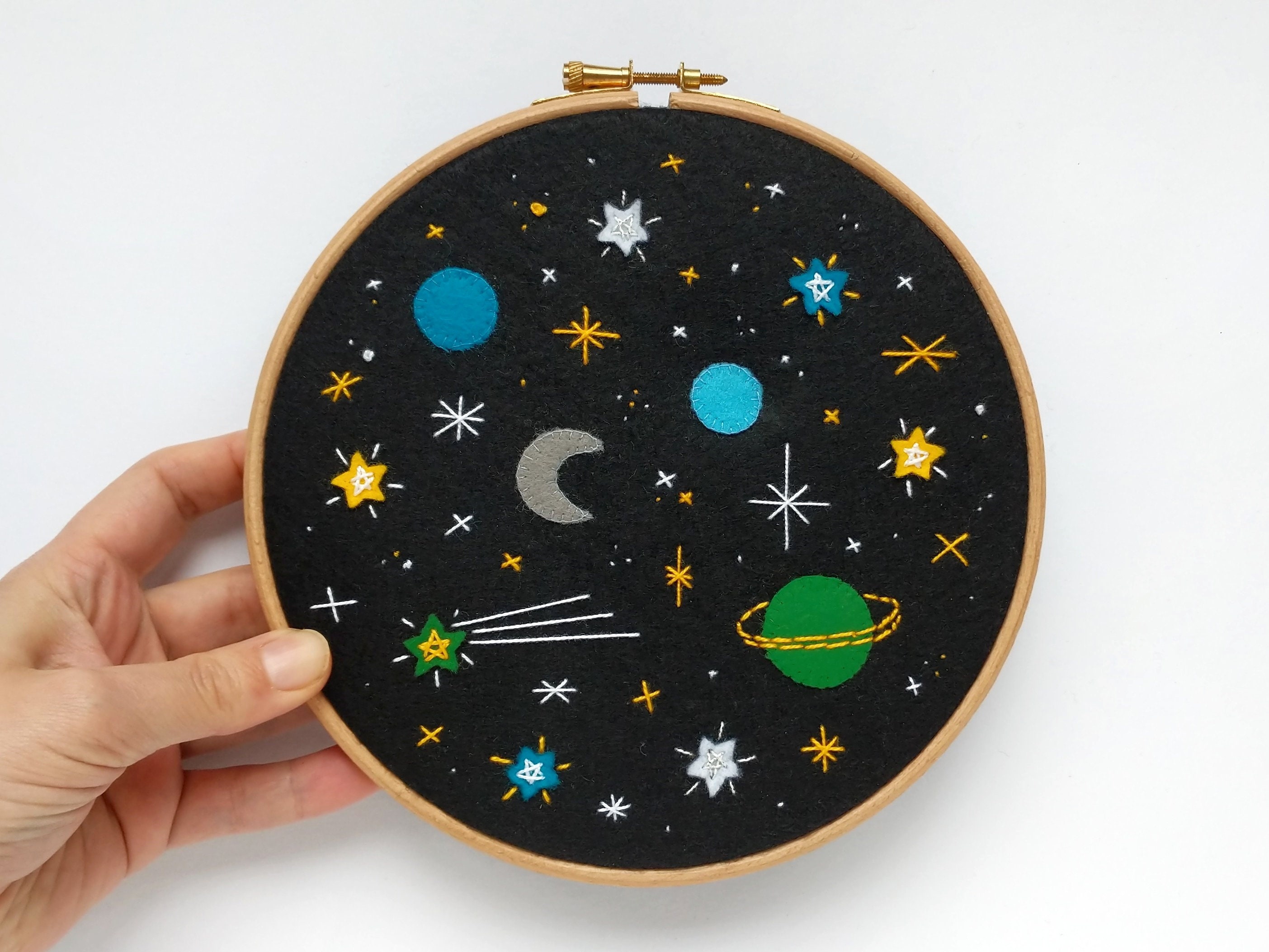 Space #4 Embroidery Hoop Art With Planets, the Moon and a