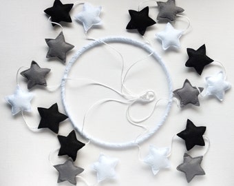 Felt stars baby crib mobile, black and white, space baby mobile, modern contemporary nursery decoration