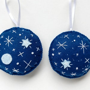 Embroidered blue felt ornament set with planet and stars, Christmas tree ornaments, holiday decoration image 5