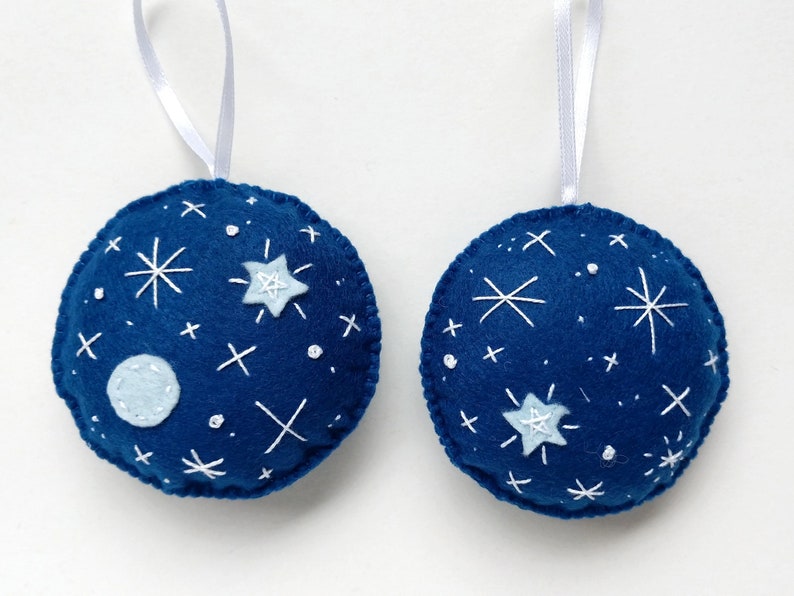 Embroidered blue felt ornament set with planet and stars, Christmas tree ornaments, holiday decoration image 5