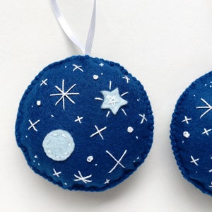 Embroidered blue felt ornament set with planet and stars, Christmas tree ornaments, holiday decoration image 3