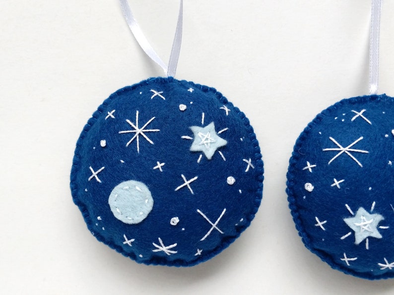 Embroidered blue felt ornament set with planet and stars, Christmas tree ornaments, holiday decoration image 3