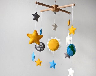 Space baby crib mobile with the Earth, moon, Sun and stars