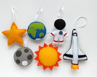 Space felt ornaments, American astronaut Space Shuttle Sun Earth moon star, Christmas tree ornaments, nursery holiday decoration