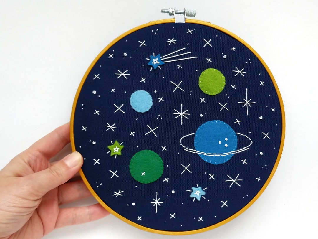 Space 43 Embroidery Hoop Art With and Stars Etsy