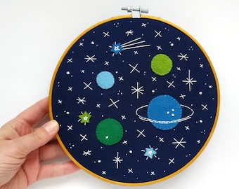 Space #43 embroidery hoop art with planets and stars