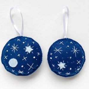 Embroidered blue felt ornament set with planet and stars, Christmas tree ornaments, holiday decoration image 1