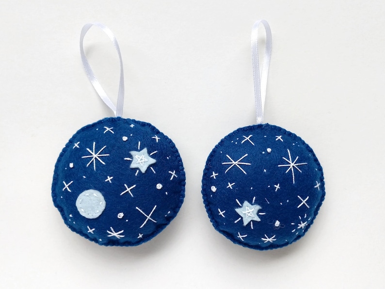 Embroidered blue felt ornament set with planet and stars, Christmas tree ornaments, holiday decoration image 1