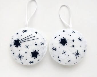 Embroidered white felt ornament set with stars, Christmas tree ornaments, holiday decoration