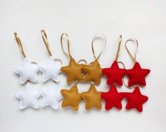 White Golden Red felt star ornaments with golden ribbon, Christmas tree ornaments, set of 12, party favors