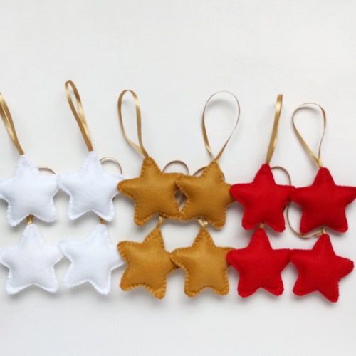 White Golden Red felt star ornaments with golden ribbon, Christmas tree ornaments, set of 12, party favors