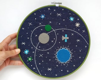 Space #30 embroidery hoop art with the sun, planet, moon and satellite