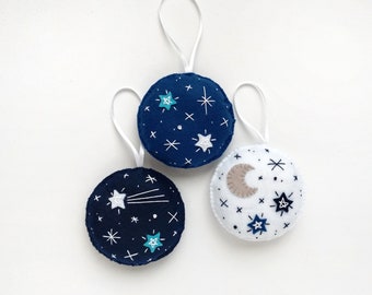 Embroidered felt ornament set with the stars and the moon, Christmas tree ornaments
