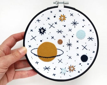 Space #48 embroidery hoop art with planets and stars