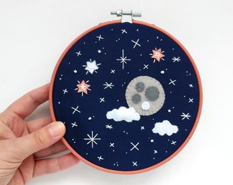 Night sky #40 embroidery hoop art with the moon, clouds and stars