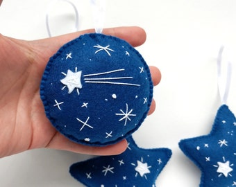Blue felt ornaments with embroidered stars, Christmas tree ornaments, holiday decoration