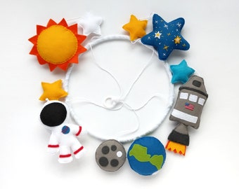 Space baby crib mobile with NASA astronaut and spacecraft, handmade from felt