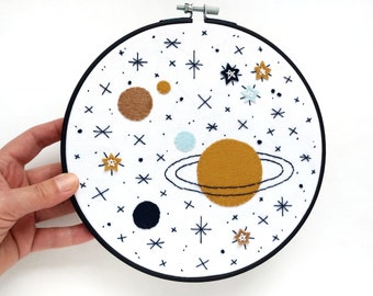 Space #49 embroidery hoop art with planets and stars