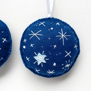 Embroidered blue felt ornament set with planet and stars, Christmas tree ornaments, holiday decoration image 4