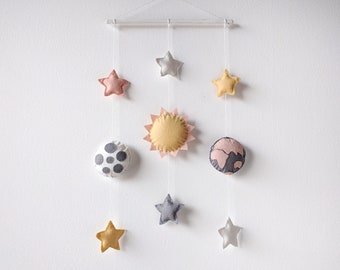 Felt Sun Earth Moon and stars wall hanging, wall baby mobile, pastel nursery decor, solar system, space party decor, baby shower gift