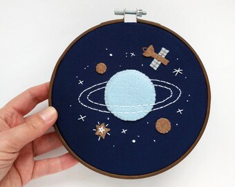 Space #46 embroidery hoop art with Saturn and stars