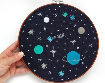 Night sky #38 embroidery hoop art with planets and stars