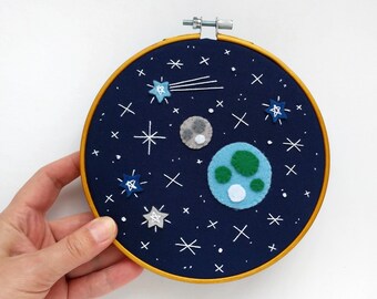 Space #42 embroidery hoop art with the Earth and the moon