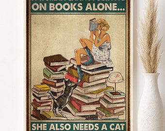 Girl Reading Book With Cat Print, A Woman Cannot Survive On Books Poster, Reading Quote Print, Library Wall Decor, Doodle Literature Prints