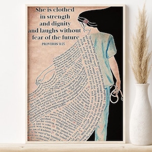 She Is Clothed In Strength Poster, Flower Nurse Art Print, Social Worker Wall Art, Medical Student Gift, Thank You Nursing Gift Idea