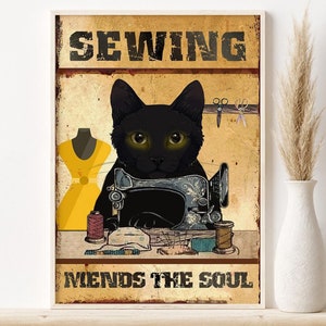 Black Cat Sewing Machines Art, Easily Distracted by Cats and