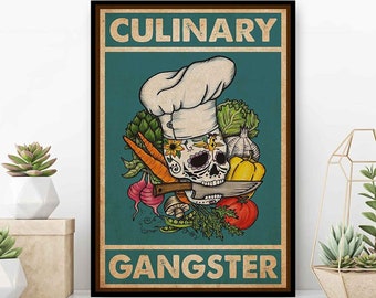 Skull Chef Culinary Gangster Poster, Cooking Lover Kitchen Decor, Kitchen Chef Decoration, Gift For Chef, Chef Restaurant Decor, Knife Chef