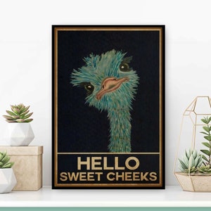 Hello Sweet Cheeks Vintage Poster, Ostrich Hello Sweet Cheeks Wall Art, Funny Ostrich Poster, Funny Bathroom Poster, Bathroom Sign, Home Art