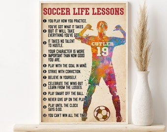 Póster personalizado de lecciones de vida de fútbol, colgante de pared de fútbol, decoración de habitación de niña futbolista, regalo para jugador de fútbol, regalo de jugador de fútbol personalizado