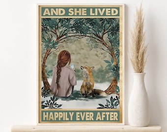 Girl With Fox Art Print, And She Lived Happily Ever After Poster, Animals Art Decor, Fox Art Print, Wildlife Fox Vintage Art, Fox Lover Gift