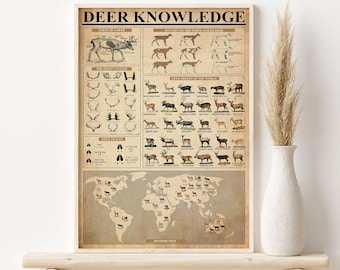 Deer Knowledge Vintage Poster, Type Of Deer Print, Gift For Deer Lover, Deer Distribution Map, Reindeer Knowledge, Parts Of A Deer