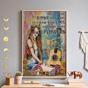 Lámina de chica hippie con flores, amante de la guitarra, póster sin marco "Volver a la gitana que fui", arte mural vintage psicodélico, regalo para guitarrista.