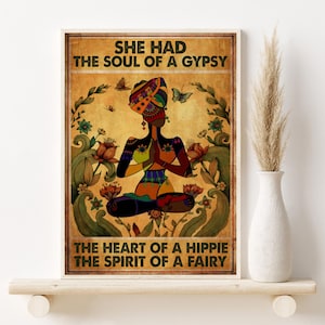 Lámina "La chica meditaba", "Tenía alma de gitana, corazón hippie", póster sin marco, arte de pared vintage psicodélico, regalo para amantes del yoga.